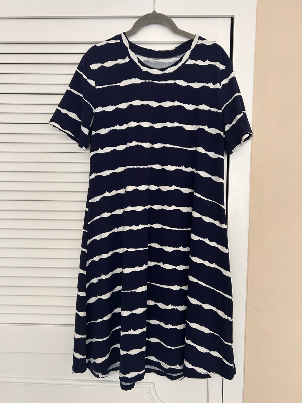 Navy and White Striped Midi Dress - Casual Short Sleeve